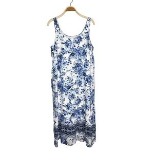 J. Jill White Blue Floral‎ Sleeveless Cotton Sun Dress Womens Size L
